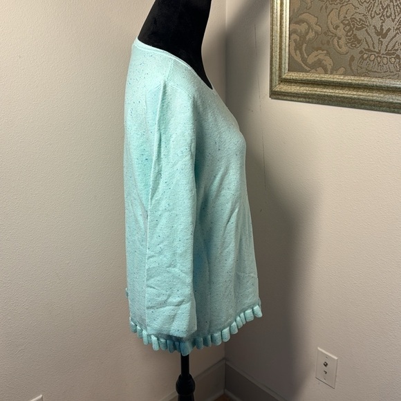 Talbots light aqua speckled ruffle hem 3/4 sleeves spring cotton blend sweater L - Picture 3 of 8